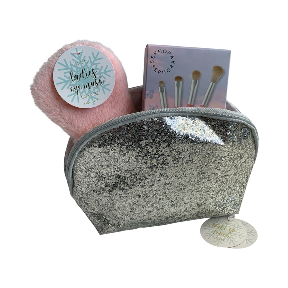 Beauty Bundle Silver Glitter Makeup Bag Pink Furry Eye Mask Mini Pink Eye Brushe